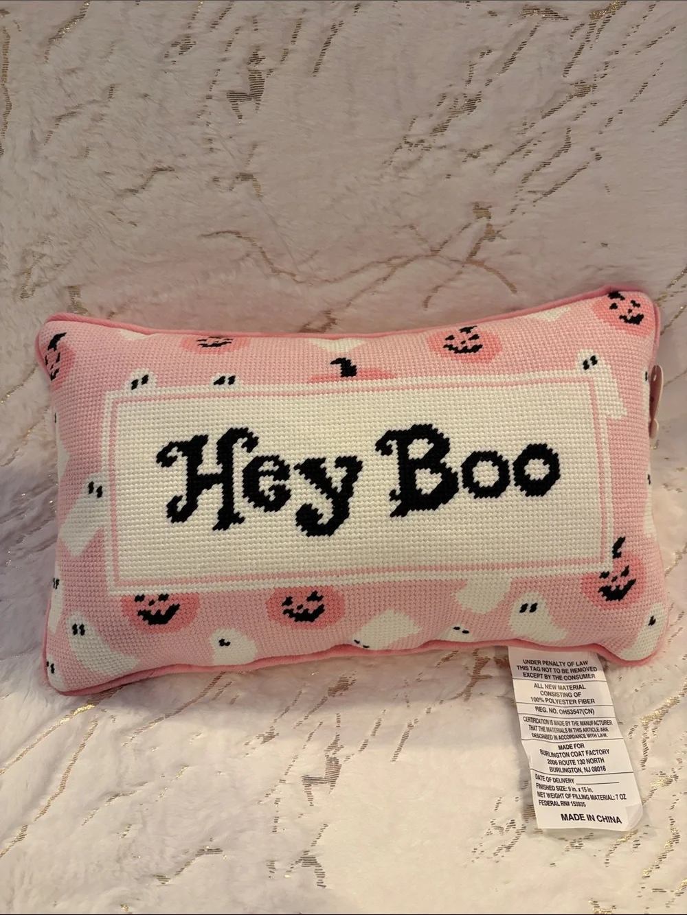 BNWT Hey Boo Pink Halloween Decorative Pillow 9x15 Inches